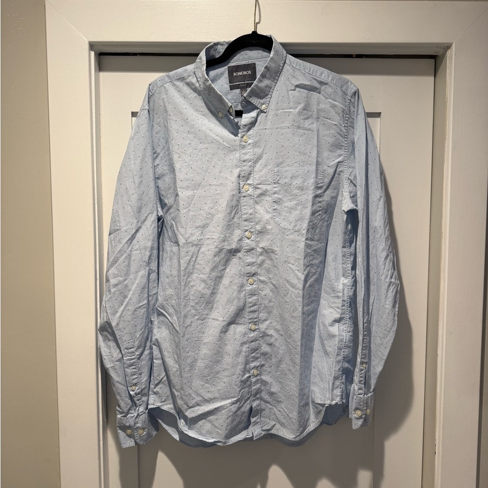 Bonobos Light Blue Button-Down Shirt with Red and Navy Microdots - Picture 2 of 3